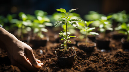 Wall Mural - hands with seedlings on sunset background. Spring concept, nature and care.