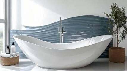 Poster - A sleek white freestanding bathtub is positioned against a wavy blue accent wall in a contemporary bathroom. Natural light floods the space, enhancing the soothing atmosphere and minimalist decor.
