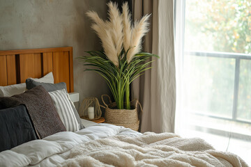 Wall Mural - A cozy bedroom with a dusty artificial plant next to the bed, symbolizing energy drainage