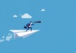 © IbragimovN - Businessman on paper airplane exploring opportunities with telescope in blue sky
