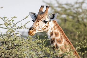 Wall Mural - A close-up shot of a giraffe munching on leaves from a tree