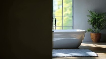 Poster - A stylish bathroom showcases a spacious freestanding bathtub positioned by large windows. Lush greenery in planters enhances the serene atmosphere, inviting relaxation.