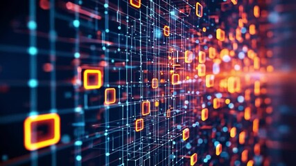 Poster - Digital Matrix: Abstract representation of a digital matrix with glowing orange and blue binary code, creating a futuristic and technological aesthetic.  The image evokes a sense of speed, innovation.