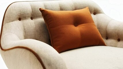 Poster - A stylish cream armchair featuring a soft, rounded shape and tufted detailing. It is complemented by a contrasting brown cushion, set against a clean, white backdrop enhancing its modern aesthetic.