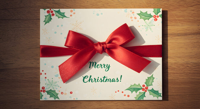 Christmas card featuring a red ribbon and holly leaves, perfect for festive greetings and holiday cheer