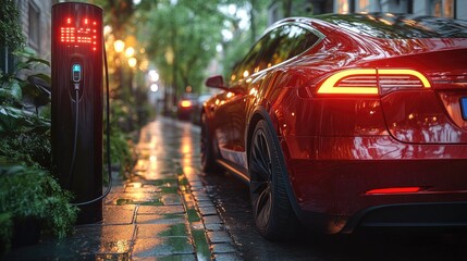 Naklejka na meble Red electric car charging on rainy street in lush urban setting at night