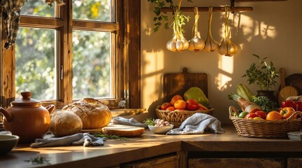 Wall Mural - Rustic kitchen with sunlit fresh produce and homemade bread on wooden countertop