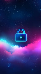 Poster - Neon blue padlock floating above a vibrant pink and blue nebula in a dark, starry night sky, symbolizing security in the digital age
