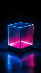 Aufkleber - Glass display case glowing with vibrant blue-pink neon, reflecting on dark polished surface