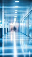 Canvas Print - Blurred modern interior of an empty office building hallway with lights reflecting on the shiny floor