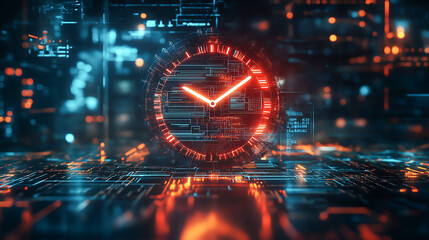 An abstract digital clock set against a background of neon lights and circuit board patterns, merging timekeeping with the aesthetics of technology