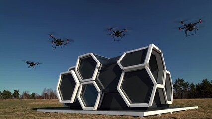 Poster - Innovative drone delivery hub showcases cutting-edge architecture and technology in rural setting