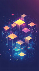 Aufkleber - Blockchain network visualization: interconnected glowing isometric cubes linking digital nodes against dark blue purple gradient backdrop