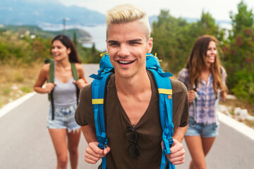 Wall Mural - friends, women and map in nature for adventure, road trip and travel with directions and diversity.
