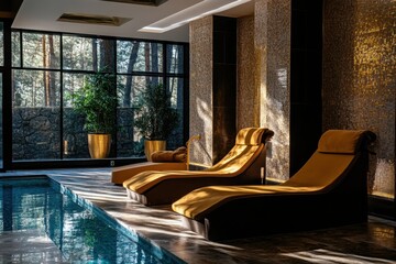 Poster - Relaxing lounge area by the pool in a serene spa setting surrounded by natural light