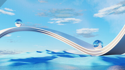Wall Mural - 3d render, futuristic blue seascape with reflective glass spheres on curved white bridges under a br