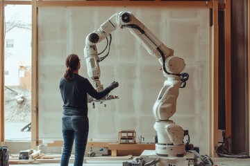 Poster - Robotics engineer collaborates with robotic arm in innovative workspace setting