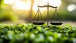 © Shutterbyte - Justice scales balance nature's greenery, sunny outdoor background; legal concept