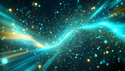 Poster - background with glowing light blue and green lines, particles of data flowing in the air.