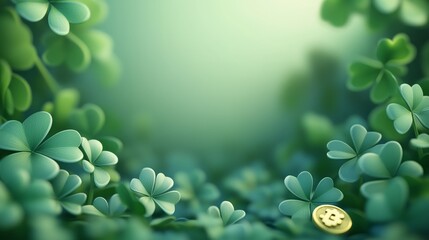 Wall Mural - Lush green clovers with a golden coin nestled among them in a serene woodland setting