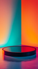 Poster - Black round pedestal mirroring vivid walls, reflecting contemporary interior design with sleek minimalist aesthetic