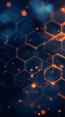 Aufkleber - Luminous orange hexagonal grid illuminating dark blue backdrop, suggesting advanced technological design with soft bokeh rendering