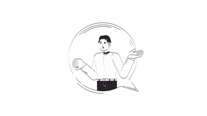 Poster - Confused man gesturing in speech bubble outline hand drawn 2D character animation. Questioning communication doodle drawing 4K video. White shirt asian male puzzled animated person handdrawn isolated