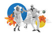 © master1305 - Monochrome elderly couple holding hands and joyfully dancing, dressed in light summer outfits and hats. Floral minimalistic background. Creative art collage. Concept of elderly lifestyle, wellness