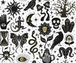 © VecTerrain - gothic witchy spooky halloween stuff seamless pattern, hand drawn vector illustration in black and white