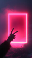 Aufkleber - Hand with dark fur making victory sign near glowing neon frame in pink and purple background with digital landscape