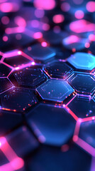 Poster - Glowing neon hexagon grid representing advanced technological innovation, highlighting futuristic digital landscape with luminescent geometric pattern