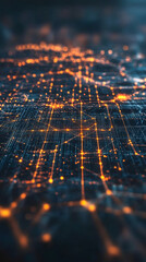 Fototapete - Complex network grid connecting data and information, visualized as a futuristic city with glowing lights
