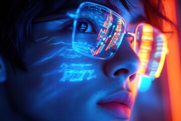 Poster - Young person with glasses observing colorful digital projections at night