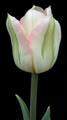 Poster - A stunning tulip stands with soft pink and white petals gently unfurling, exhibiting nature’s artistry. The dark background highlights its vibrant colors, symbolizing renewal and beauty