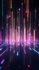 Poster - Luminous vertical lines descending on dark reflective surface, generating futuristic technological ambiance
