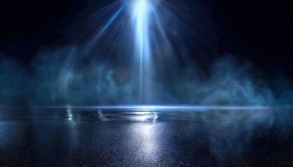 Aufkleber - mystical blue spotlight illuminating foggy reflections on wet surface in dark atmospheric setting, ideal for dramatic designs

