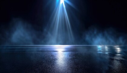Aufkleber - mystical blue spotlight illuminating foggy reflections on wet surface in dark atmospheric setting, ideal for dramatic designs

