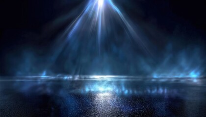 Aufkleber - mystical blue spotlight illuminating foggy reflections on wet surface in dark atmospheric setting, ideal for dramatic designs

