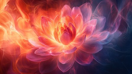 Wall Mural - A vibrant, ethereal lotus flower glows with fiery hues, embodying beauty and tranquility in a mystical, colorful setting.