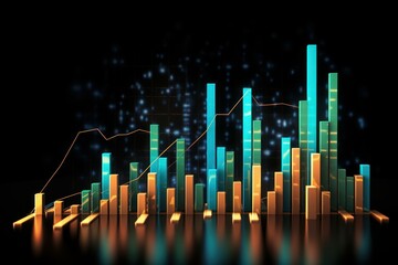 Poster - Orange and teal bars chart and line graph are growing, showing increasing business success on a digital background with glowing particles