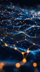Poster - abstract plexus network connecting glowing dots and forming a digital landscape with shallow depth o