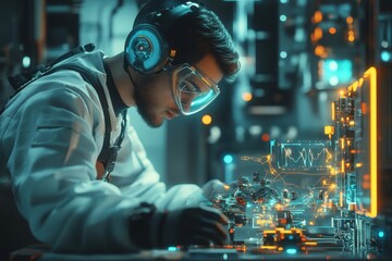 Poster - Technician engaging in advanced technology work in a modern lab setting at night