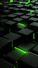 Poster - Green neon lights are illuminating a surface of black cubes creating a futuristic and technological background