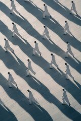 Poster - Captivating Aerial View of People in Motion Casting Long Shadows on Minimalist Surface