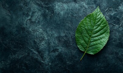 Fresh green leaf on dark textured background, symbolizing nature resilience
