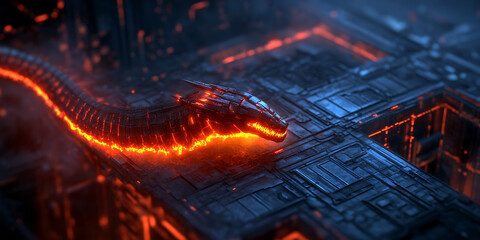 Fototapete - Fiery robotic dragon on futuristic metallic surface.