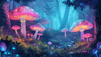 Wall Mural - A mystical forest with glowing mushrooms.