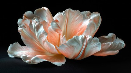 Aufkleber - Soft pink tulip opens wide, showcasing its intricate petal design. The gentle play of light against the dark background highlights the flower's grace and beauty in a tranquil moment