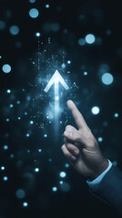 Aufkleber - Hand of businessman pointing glowing upward arrow on dark background, concept of business growth and success