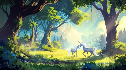 Wall Mural - A cartoon illustration of two unicorns in a forest, with a bright sun shining through the trees.
